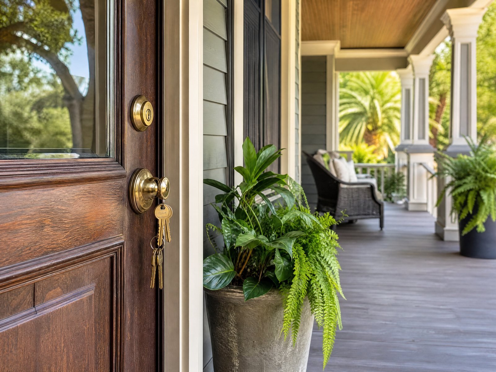 Front door with keys in the lock on a Houston home