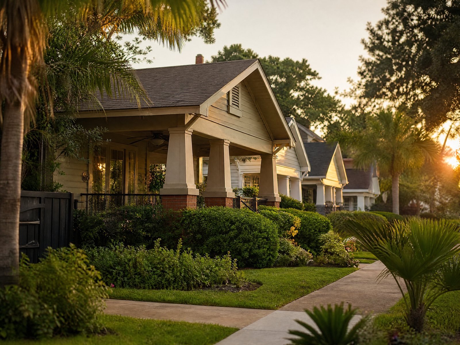 Tree lined Houston residential street with neighborhood homes at golden hour