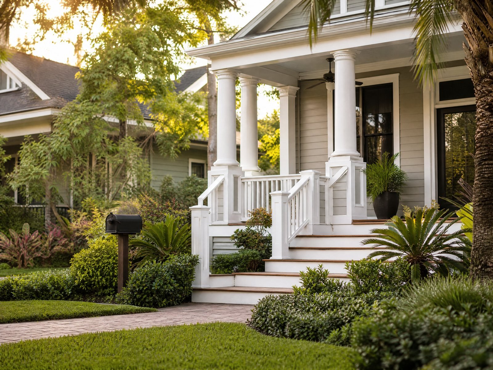 Front porch steps and mailbox on a Houston street